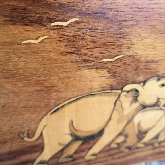 Vintage Handmade Marquetry Wooden Elephant Wall Picture 14"x6" Etched Carved - Picture 6 of 14